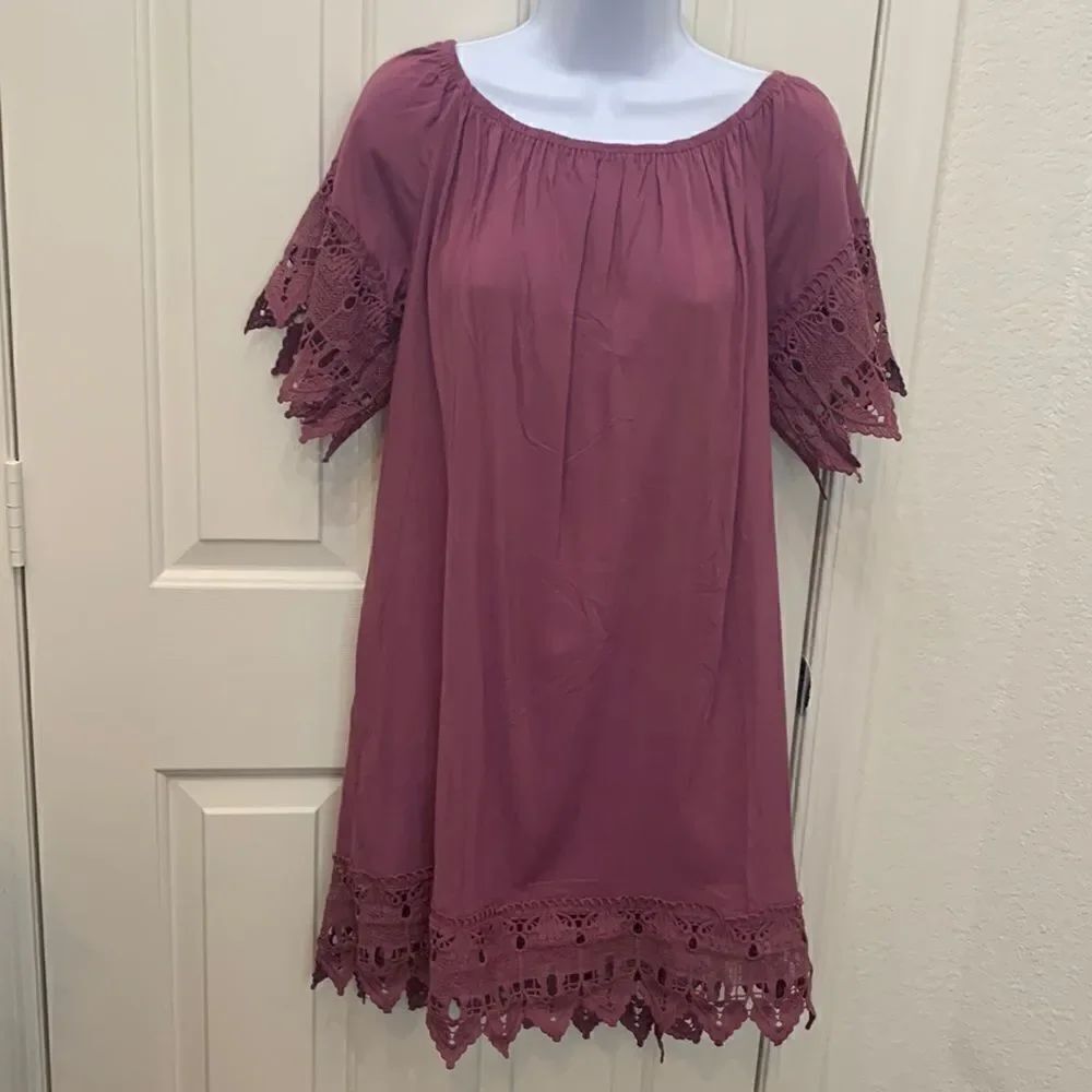 Iris Basic American LA XL Scoop Neck Crotchet Short Sleeve And Hem Plum Purple